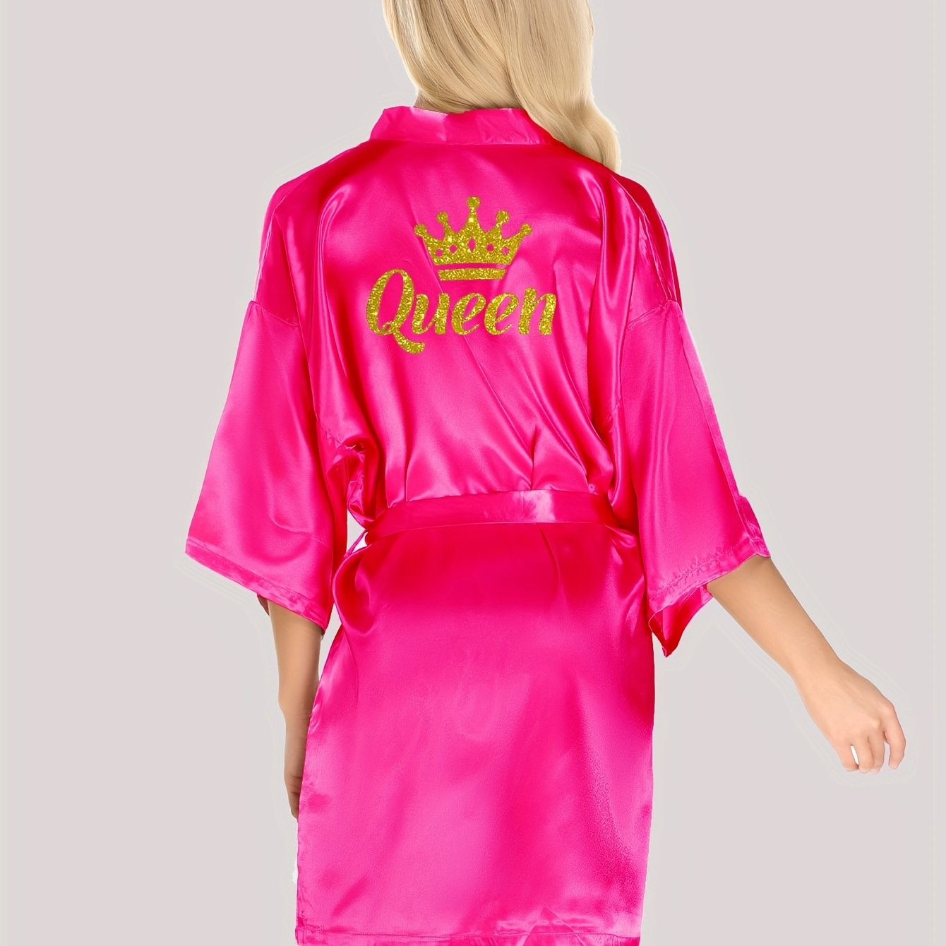 Queenly Chic - 3/4 Sleeve V-Neck Night Robe with Belt, Soft Womens Sleepwear featuring Letter Pattern for a Stylish Evening Comfort