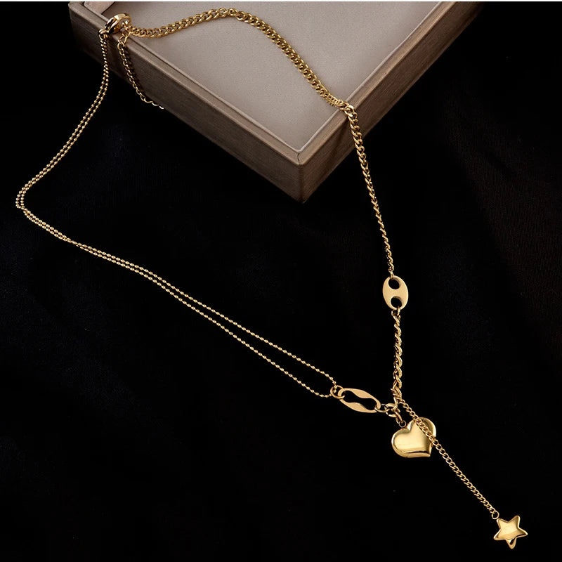 DIEYURO 316L Stainless Steel Long Love Heart Women Girls Necklaces&Pendant Star Hanging Chain Choker Sweet Valentine's Day Gift