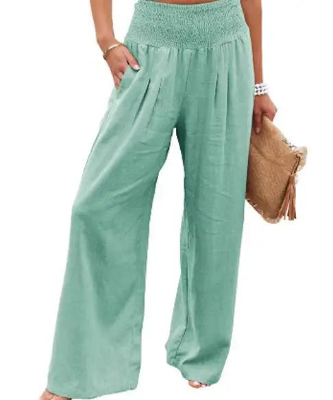 Women's casual pants with drawstring, mid waist, beach wide leg, spring and summer, European and American pants