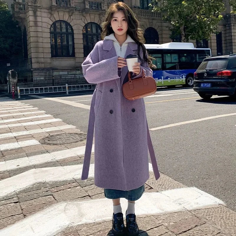 100% Wool Coat Women's Temperament Double sided Cashmere Coats with Belt Elegant Long Overcoat