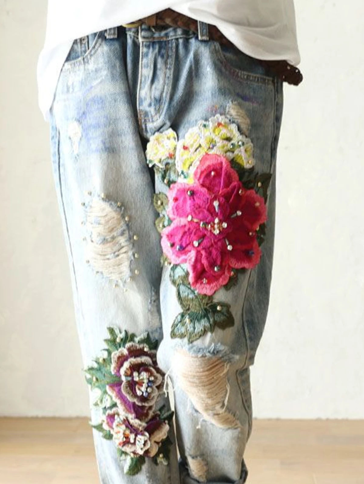 Summer Casual Floral Embroidery Denim Trousers Ladies Elegant New Females Loose Harem Pants