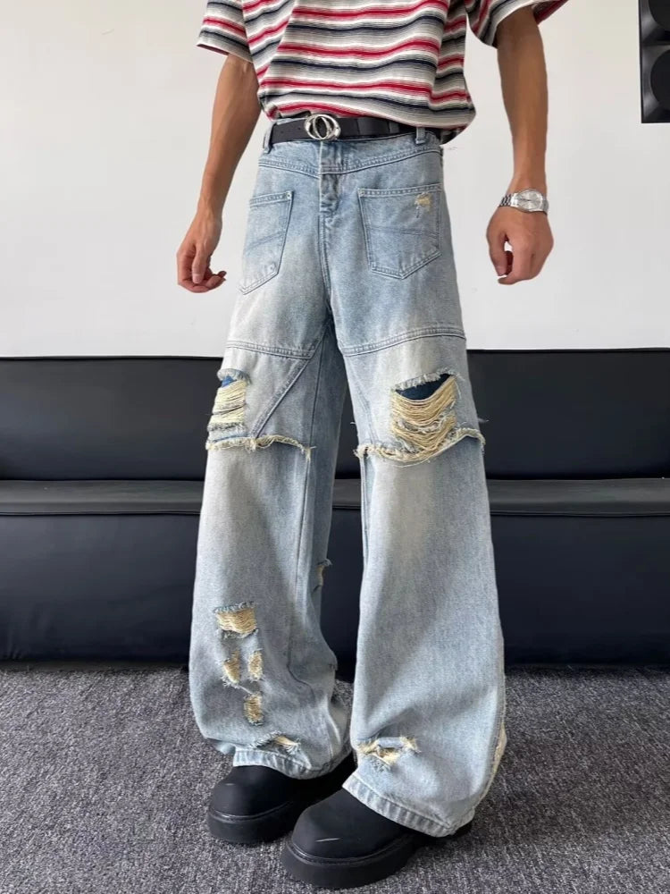 2025 Ropa Y2K Grunge Washed Blue Baggy Stacked Ripped Jeans Pants For Men Clothing Wide Leg Vintage Long Trousers Pantalon Homme