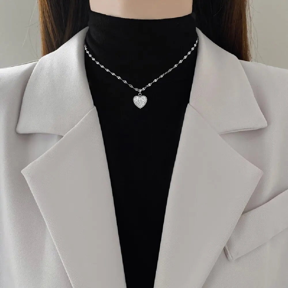 DIEYURO 316L Stainless Steel Minimalist Black White Crystal Reversible Heart Necklace New Fashion Clavicle Chain Jewelry Gif