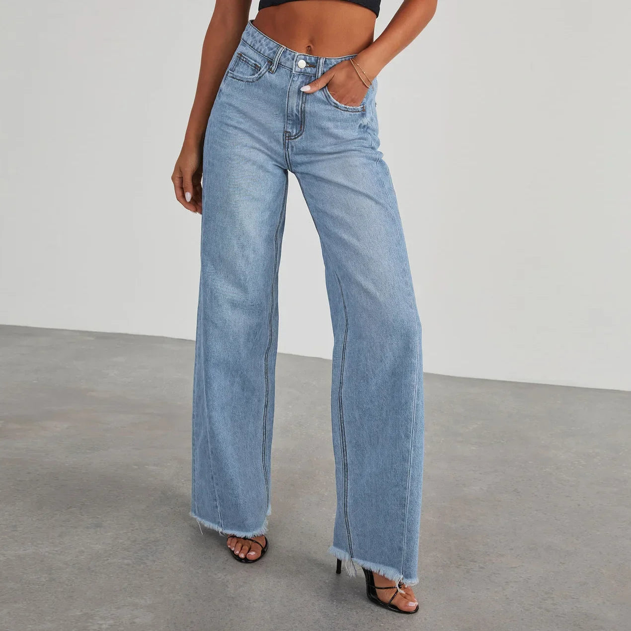 High-waisted Straight-leg Furred Jeans, Women's New Fashion High-waisted Wide-leg Pants
