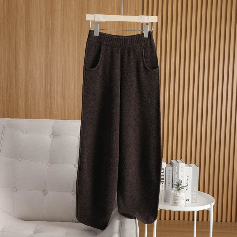 100% Wool Pants For AutumnWinter Warm French Fashion Solid Color Elastic waist pocket knitted Pants