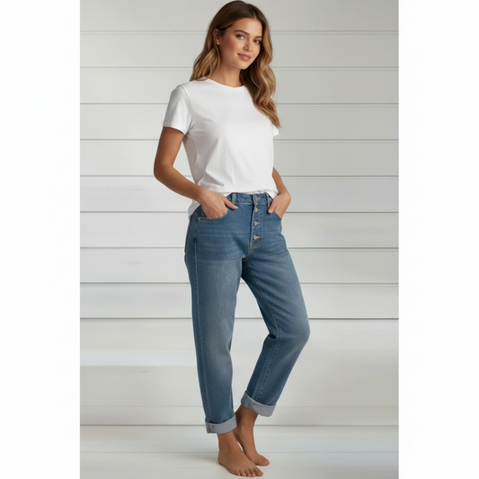 High Waist Single-breasted Splicing Straight Jeans Female Loose Casual Washable Trousers