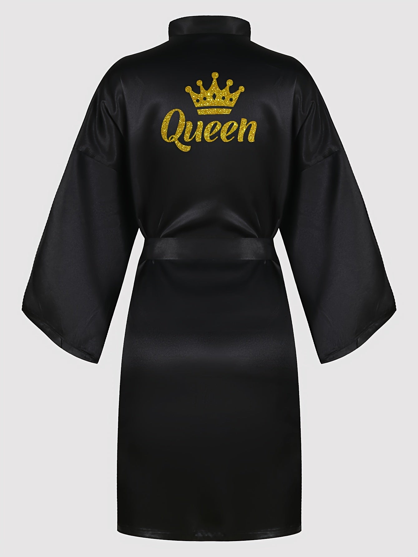Queenly Chic - 3/4 Sleeve V-Neck Night Robe with Belt, Soft Womens Sleepwear featuring Letter Pattern for a Stylish Evening Comfort