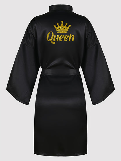 Queenly Chic - 3/4 Sleeve V-Neck Night Robe with Belt, Soft Womens Sleepwear featuring Letter Pattern for a Stylish Evening Comfort
