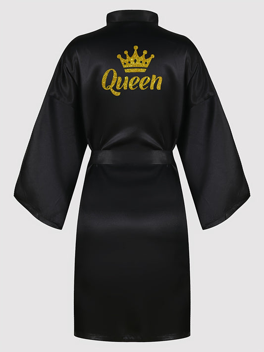 Queenly Chic - 3/4 Sleeve V-Neck Night Robe with Belt, Soft Womens Sleepwear featuring Letter Pattern for a Stylish Evening Comfort
