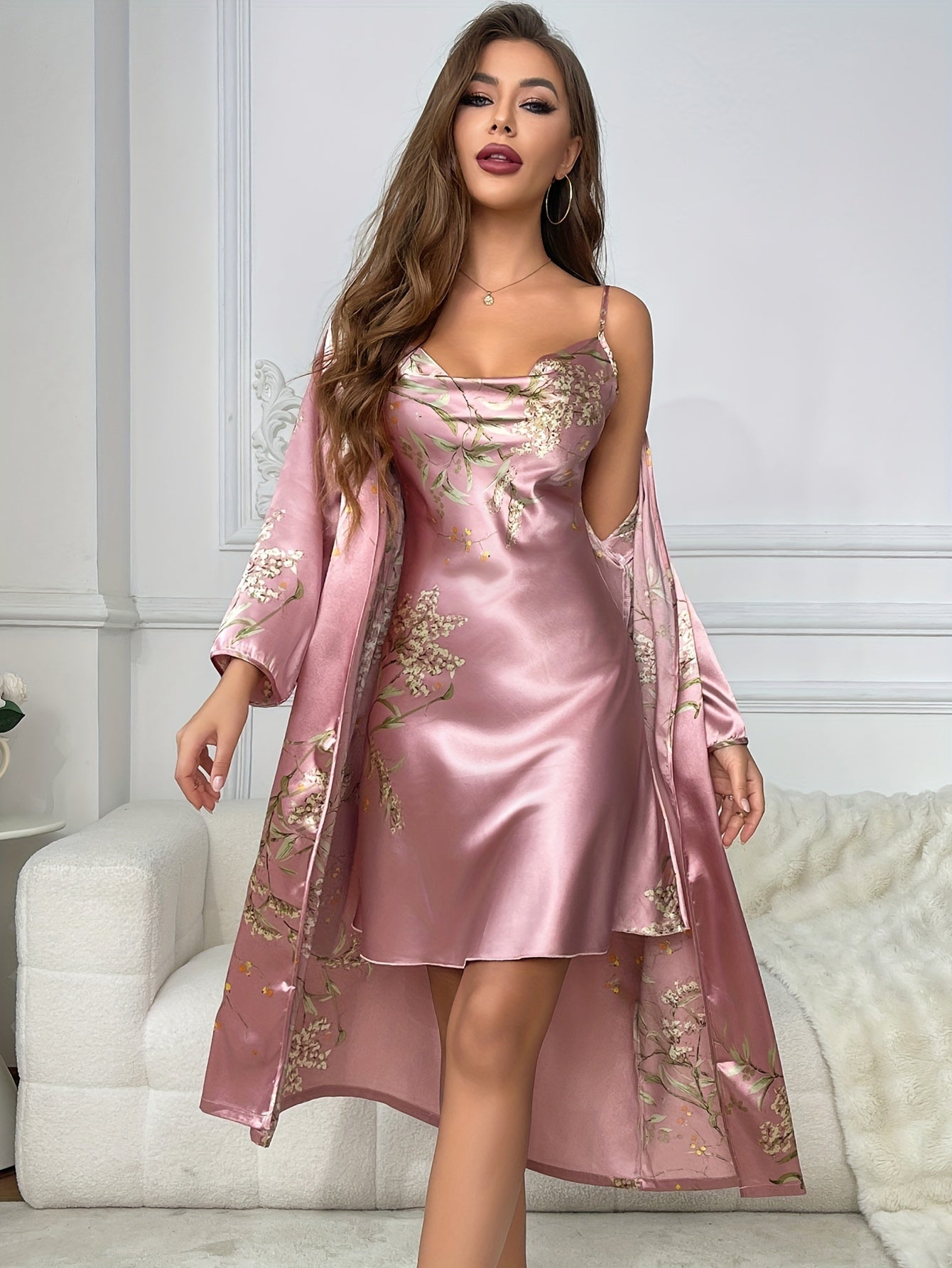 Women's Elegant Cherry Blossom Print Sexy 2-Piece Sleepwear Set, Fashionable Satin Robe & Turtleneck Slip Nightdress - For Fall & Winter