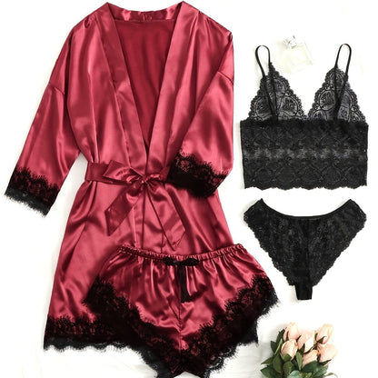 5pcs Women'S Satin Pajama Set, Sexy Solid Color Lingerie with Contrast Lace Detail, Woven Polyester Sleepwear with Belt, Adult Bedroom Wear - Multi-Color