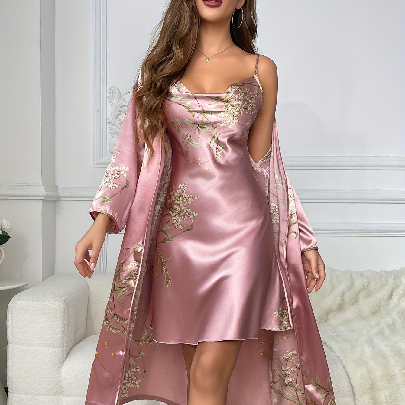 Women's Elegant Cherry Blossom Print Sexy 2-Piece Sleepwear Set, Fashionable Satin Robe & Turtleneck Slip Nightdress - For Fall & Winter