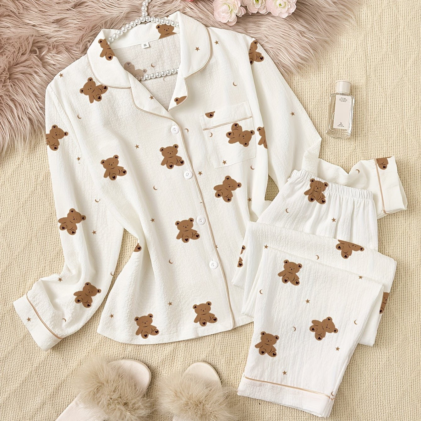 1set Cute Cartoon Bear Print Long Sleeve Pajama Set for Women - Polyester Lapel Collar Patterned Sleepwear, Woven All-Season Loungewear