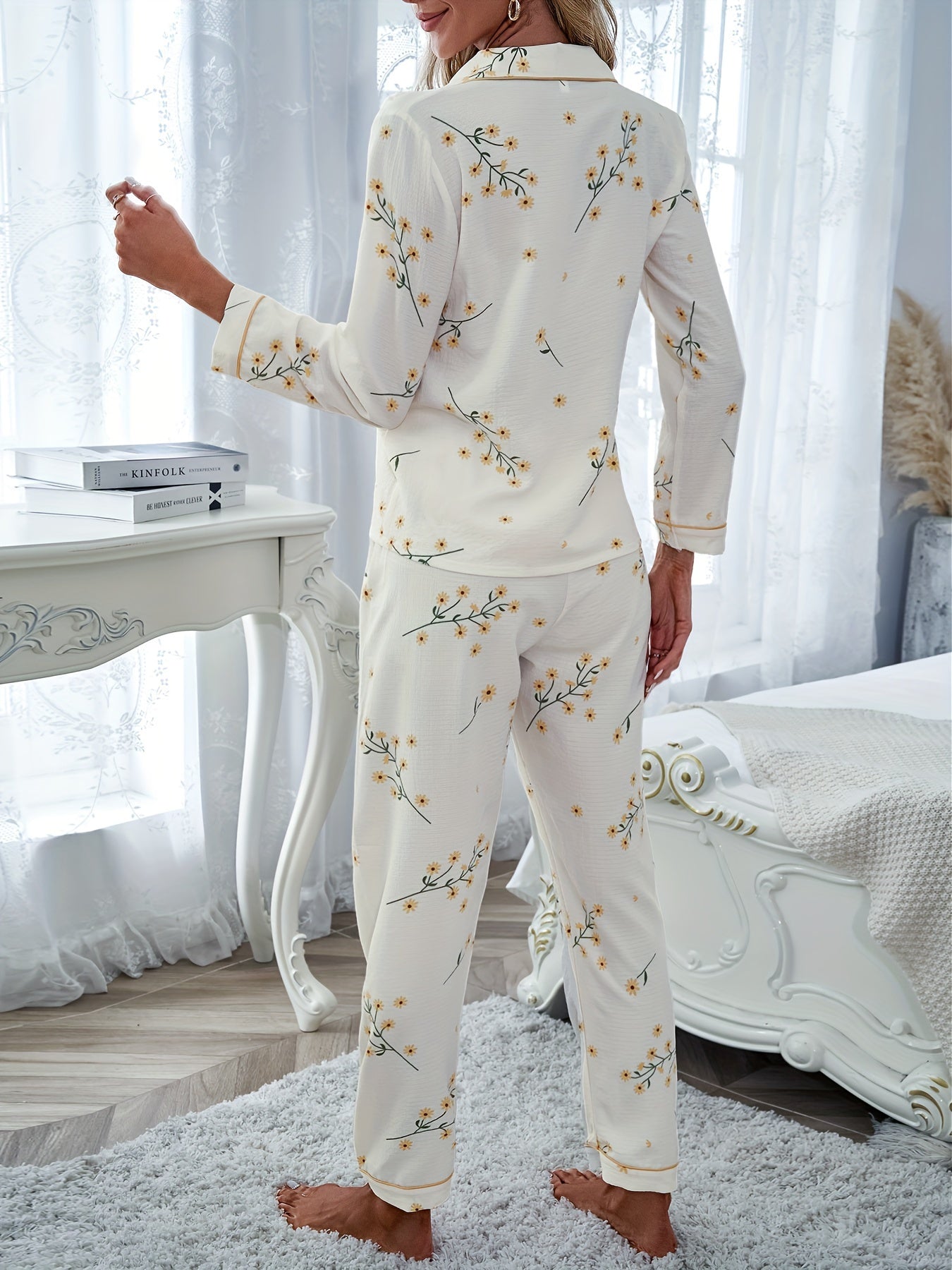 Sweet Floral Print Textured Pajama Set For Fall & Winter, Long Sleeve Button Up Lapel Collar Top & Elastic Pants, Women's Sleepwear & Loungewear
