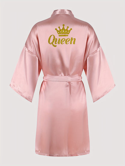 Queenly Chic - 3/4 Sleeve V-Neck Night Robe with Belt, Soft Womens Sleepwear featuring Letter Pattern for a Stylish Evening Comfort