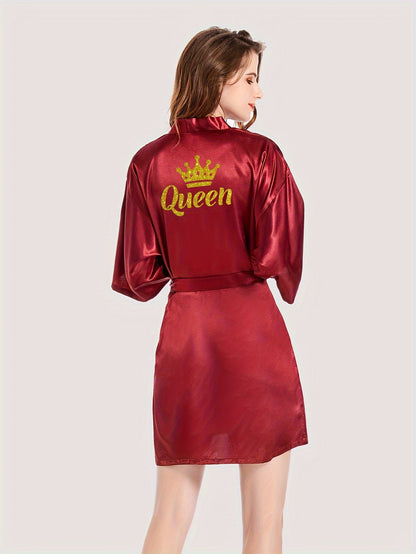 Queenly Chic - 3/4 Sleeve V-Neck Night Robe with Belt, Soft Womens Sleepwear featuring Letter Pattern for a Stylish Evening Comfort