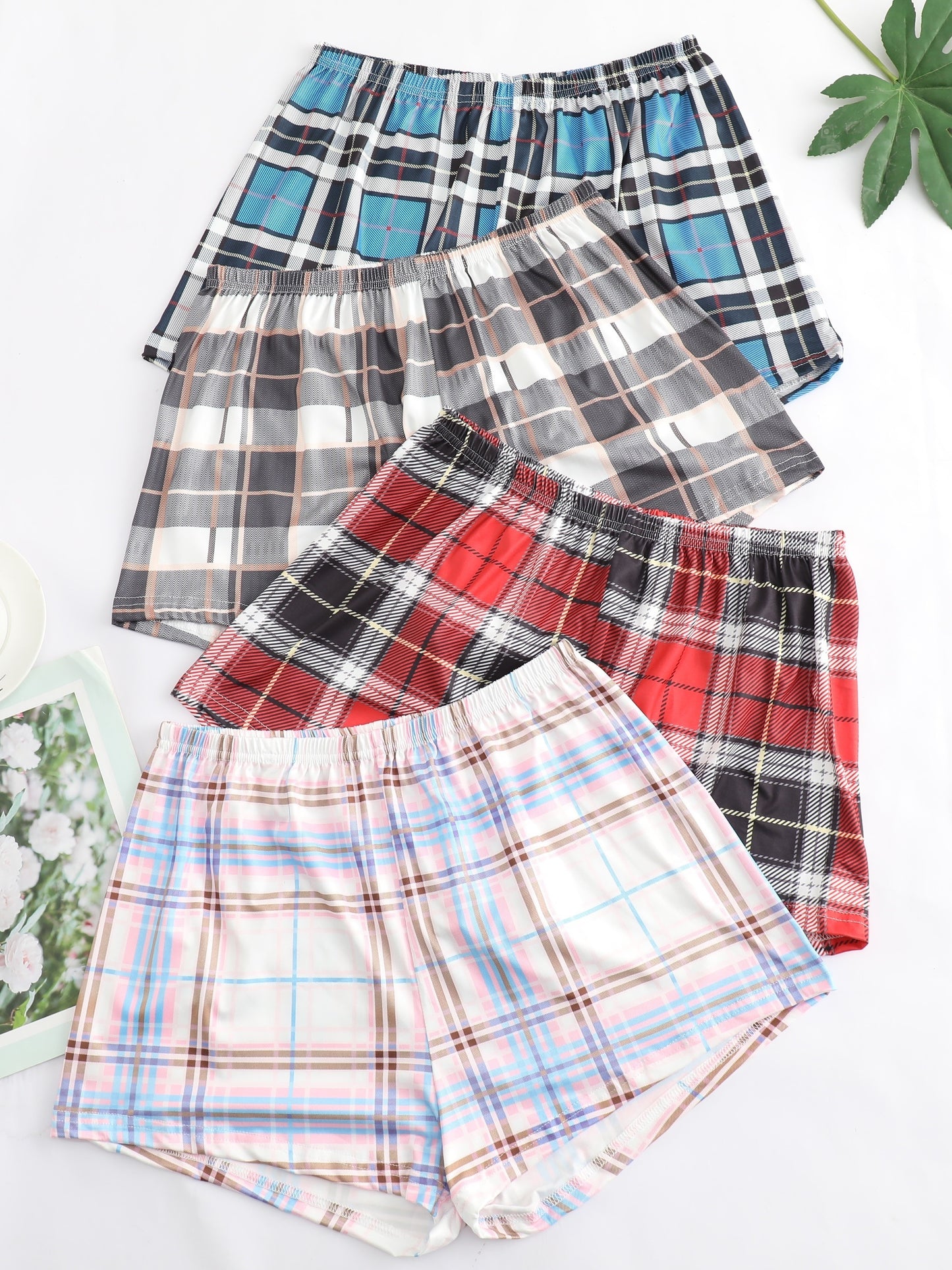 [4pcs Comfy Plaid Lounge Bottoms] 4pcs Plaid Print Lounge Bottoms, Casual & Comfy Elastic Waist Shorts, Women's Sleepwear & Loungewear