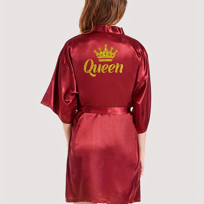 Queenly Chic - 3/4 Sleeve V-Neck Night Robe with Belt, Soft Womens Sleepwear featuring Letter Pattern for a Stylish Evening Comfort