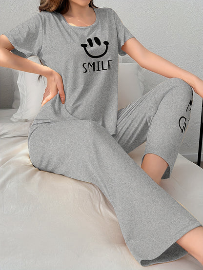 Women'S Casual Yellow joyful Face Pajama Set - Short Sleeve, Long Pants, Crew Neck, All-Season Sleepwear, Comfortable Loungewear, Casual Loungewear|Playful Design|Soft Texture