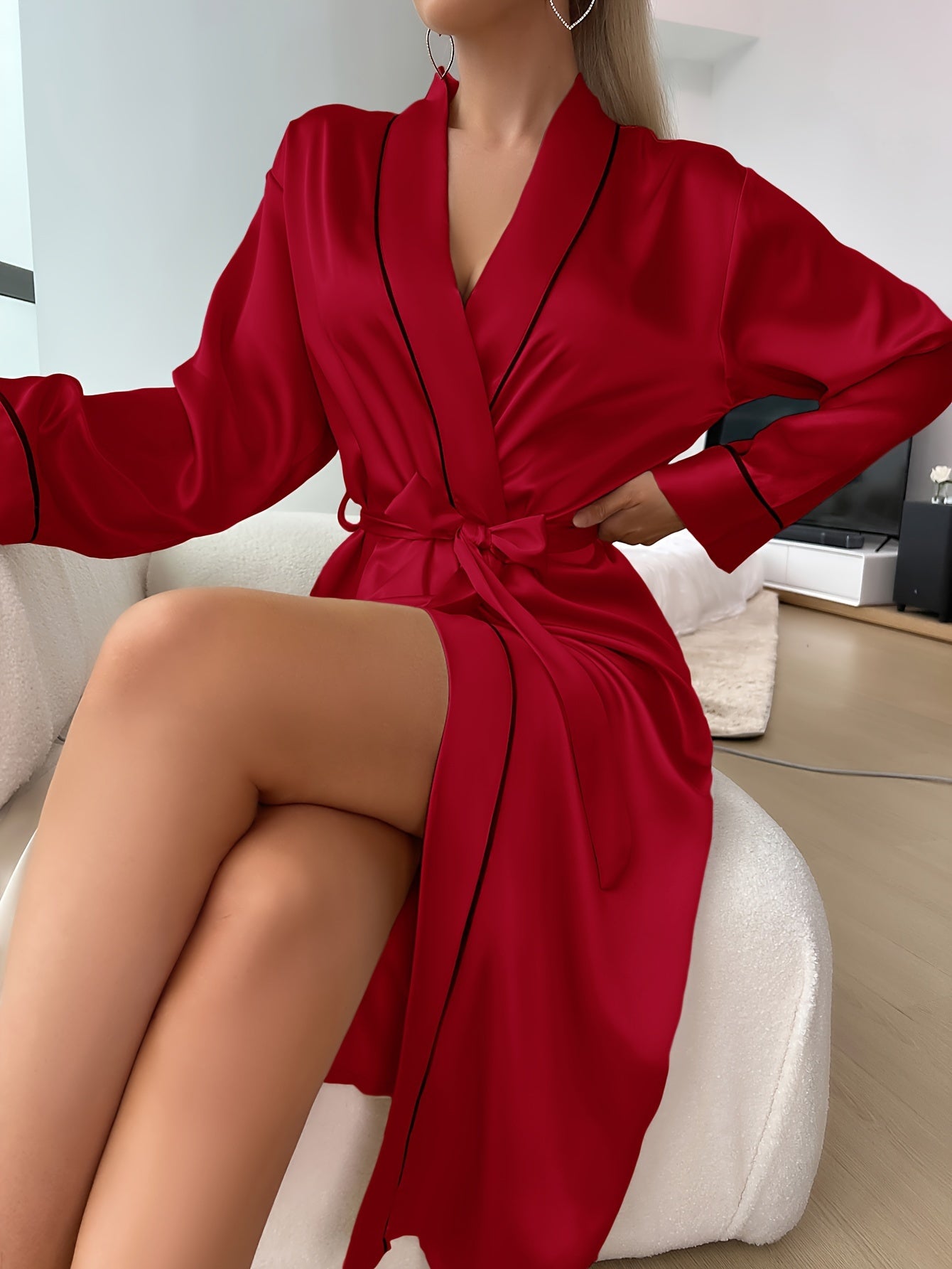 Solid Satin Night Robe, Elegant Long Sleeve V Neck Robe With Belt, Women's Sleepwear