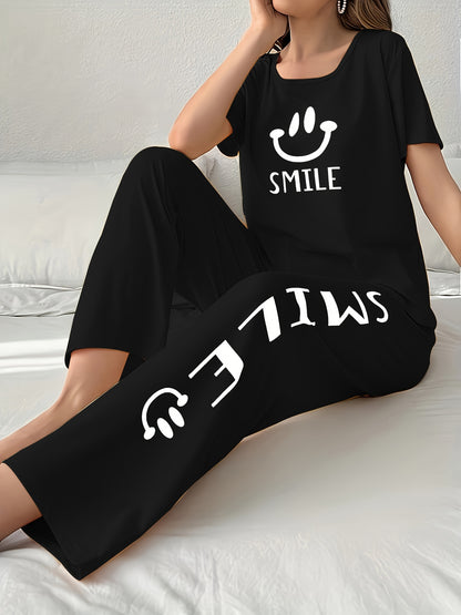 Women'S Casual Yellow joyful Face Pajama Set - Short Sleeve, Long Pants, Crew Neck, All-Season Sleepwear, Comfortable Loungewear, Casual Loungewear|Playful Design|Soft Texture