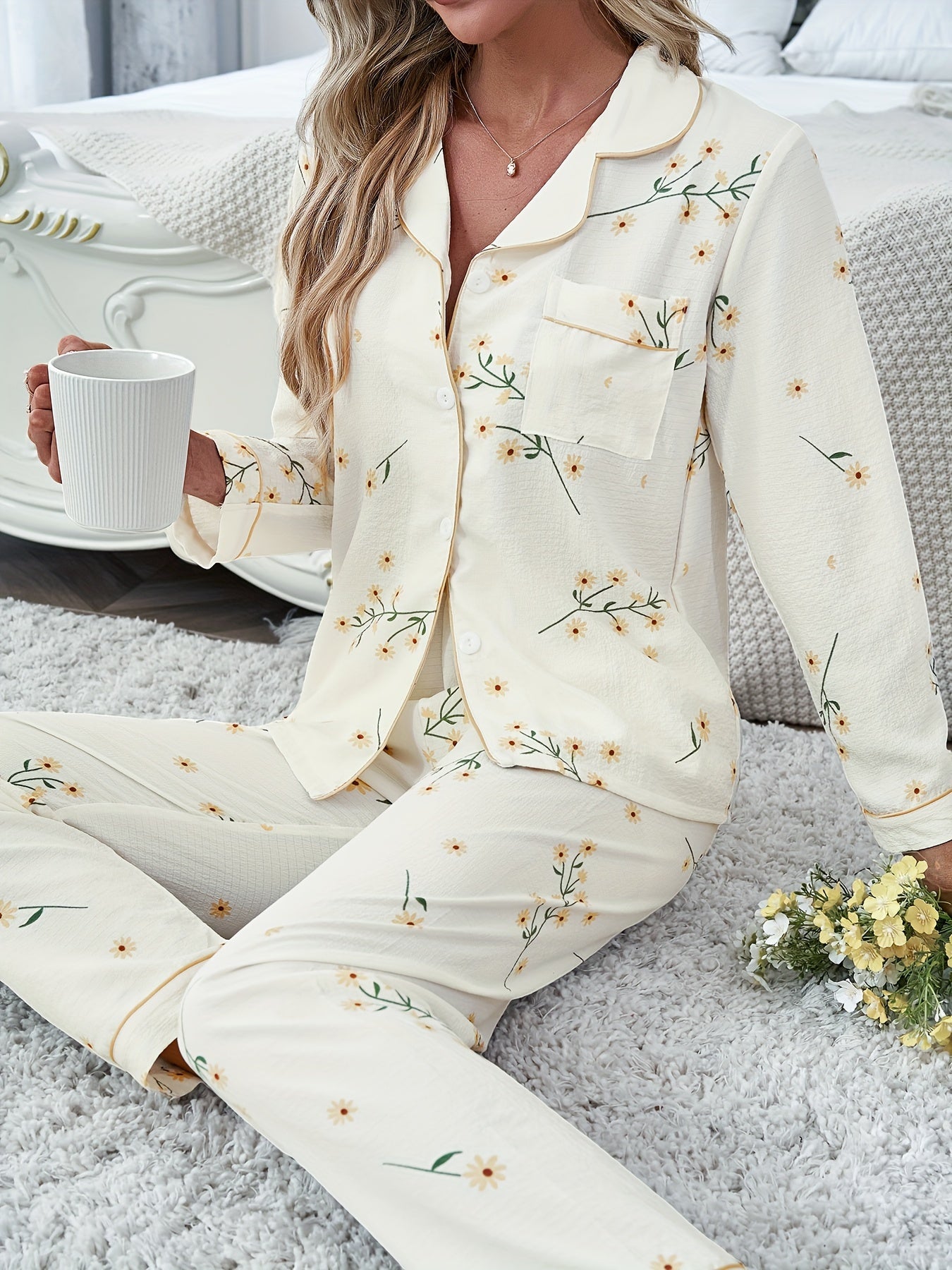 Sweet Floral Print Textured Pajama Set For Fall & Winter, Long Sleeve Button Up Lapel Collar Top & Elastic Pants, Women's Sleepwear & Loungewear