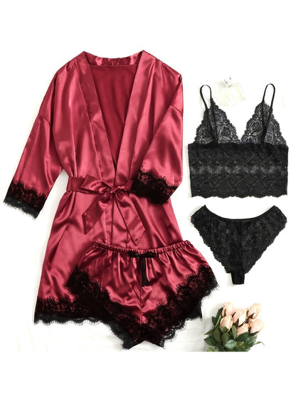 5pcs Women'S Satin Pajama Set, Sexy Solid Color Lingerie with Contrast Lace Detail, Woven Polyester Sleepwear with Belt, Adult Bedroom Wear - Multi-Color