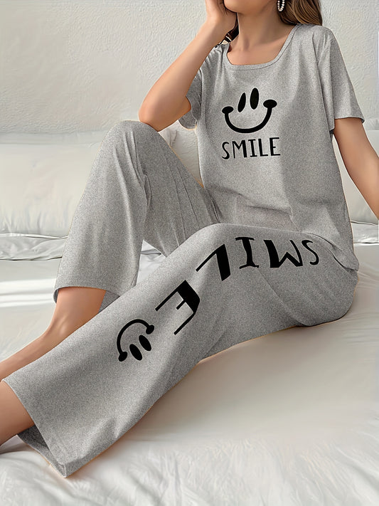 Women'S Casual Yellow joyful Face Pajama Set - Short Sleeve, Long Pants, Crew Neck, All-Season Sleepwear, Comfortable Loungewear, Casual Loungewear|Playful Design|Soft Texture