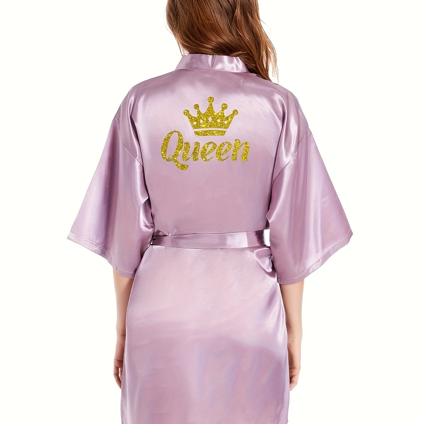 Queenly Chic - 3/4 Sleeve V-Neck Night Robe with Belt, Soft Womens Sleepwear featuring Letter Pattern for a Stylish Evening Comfort