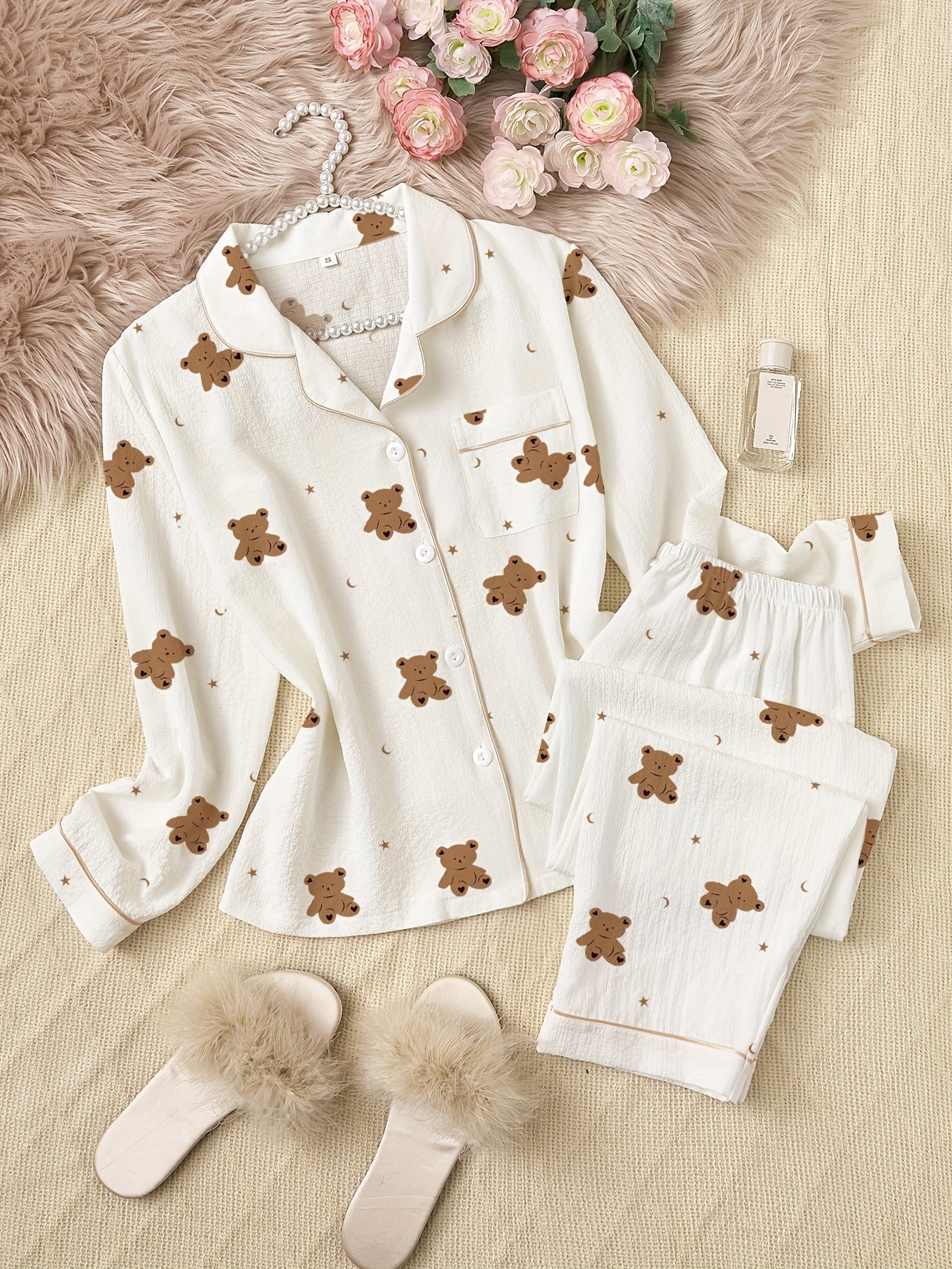 1set Cute Cartoon Bear Print Long Sleeve Pajama Set for Women - Polyester Lapel Collar Patterned Sleepwear, Woven All-Season Loungewear