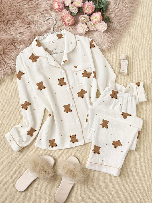 1set Cute Cartoon Bear Print Long Sleeve Pajama Set for Women - Polyester Lapel Collar Patterned Sleepwear, Woven All-Season Loungewear