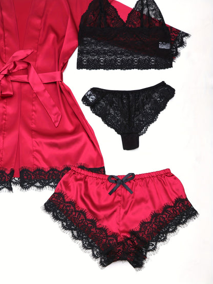 5pcs Women'S Satin Pajama Set, Sexy Solid Color Lingerie with Contrast Lace Detail, Woven Polyester Sleepwear with Belt, Adult Bedroom Wear - Multi-Color