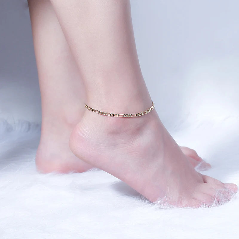 SA-11 Ankle Bracelets for Women, 14k Gold Plated Waterproof Cuban Figaro Link Chain Gold Anklets Jewelry Gift Adjustable Size