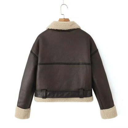 Motorcycle Double-sided Fleece With Belt Short Long-sleeved Jacket