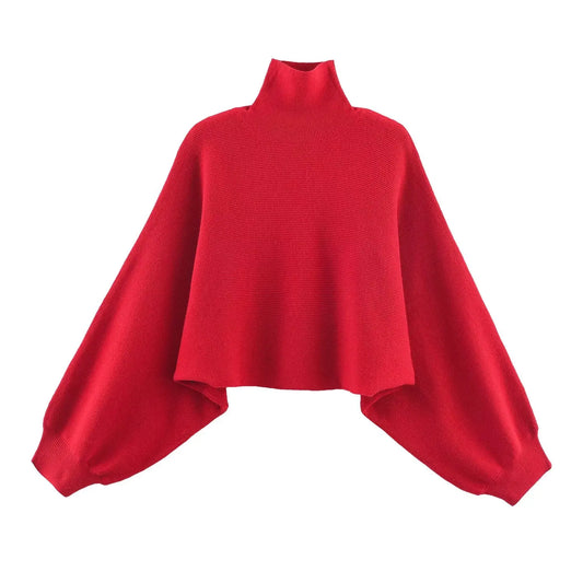 New Arrival Casual Versatile Tight-Cuff Wide-Sleeve High-Neck Short Loose Knit Sweater
