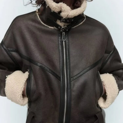 Motorcycle Double-sided Fleece With Belt Short Long-sleeved Jacket