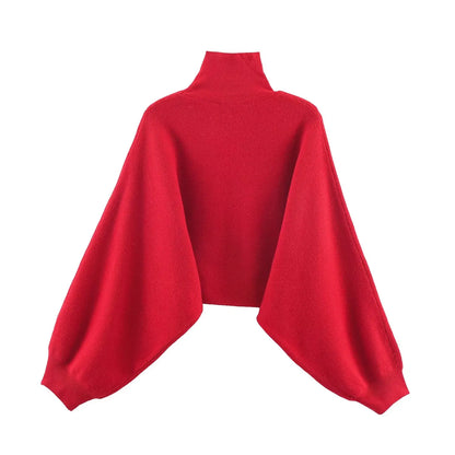 New Arrival Casual Versatile Tight-Cuff Wide-Sleeve High-Neck Short Loose Knit Sweater