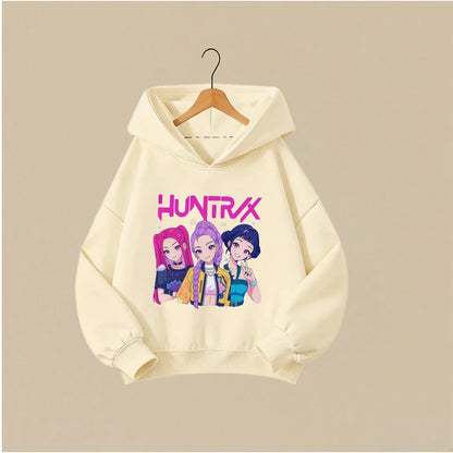 KPOP Hunters Huntrix Girl Fashion Clothes Kids Hoodie Cute Character Print With Star Casual Hooded Sweatshirt Boys Girls Costume