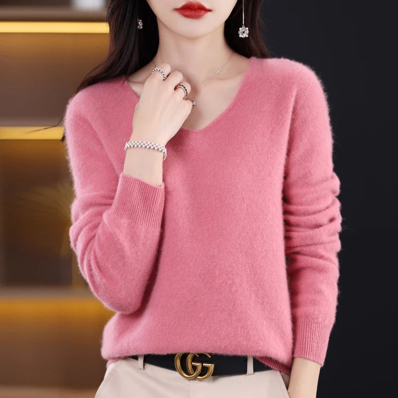 Knitted Pullover V-neck Loose Bottoming Shirt Solid