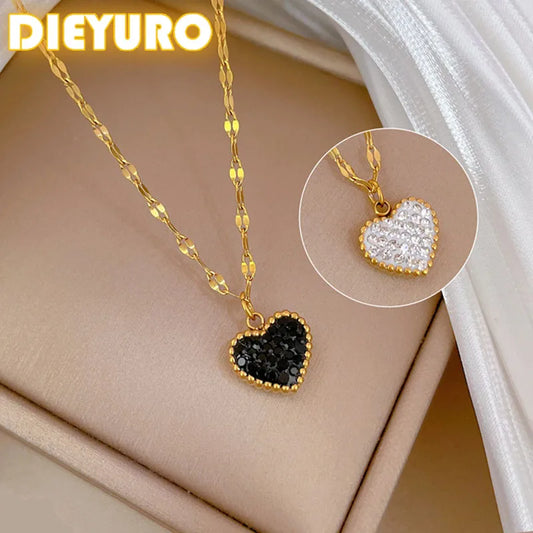 DIEYURO 316L Stainless Steel Minimalist Black White Crystal Reversible Heart Necklace New Fashion Clavicle Chain Jewelry Gif