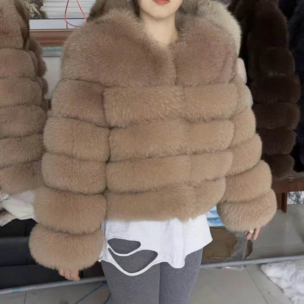 100% Fox Fur Coat Women's Fashion Brown