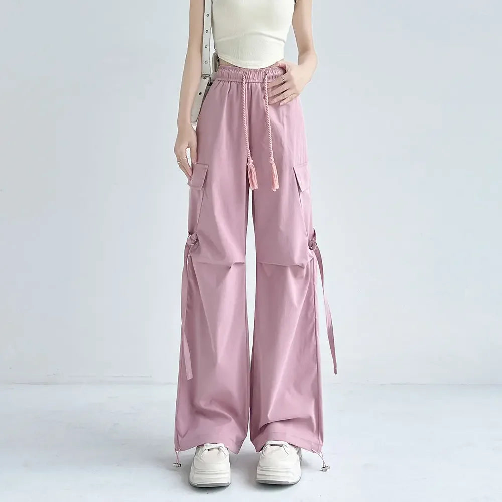 Cargo Pants for Women with Pockets Pink Loose Woman Trousers Wide Leg Spring Autumn Cotton Vintage Elastic Casual All Medium 90s