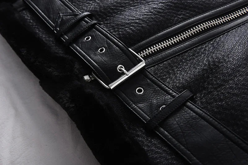 Faux Fur Jacket with Belt Streetwear Female Moto Biker Loose Thicken