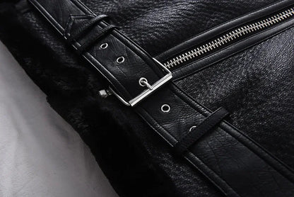 Faux Fur Jacket with Belt Streetwear Female Moto Biker Loose Thicken
