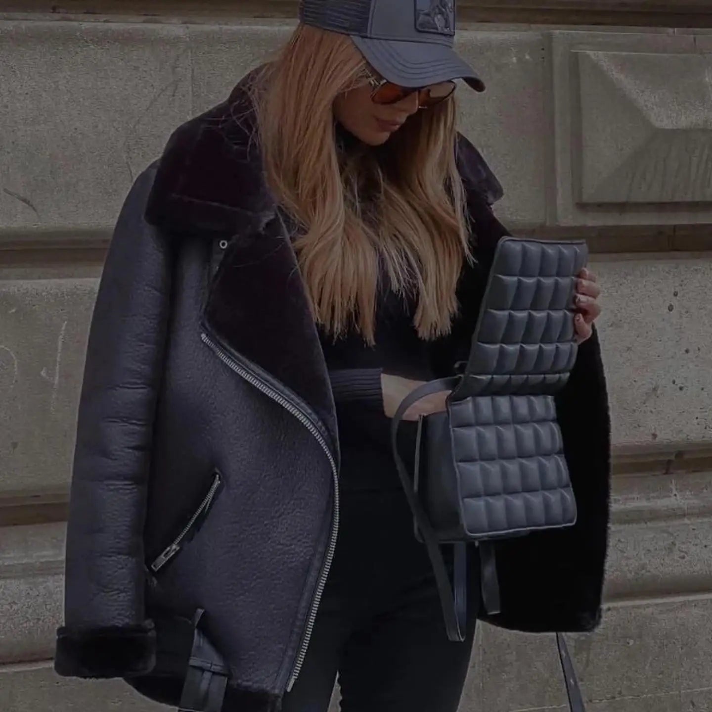 Faux Fur Jacket with Belt Streetwear Female Moto Biker Loose Thicken