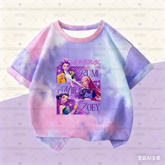 KPop Demon Hunters T-shirt Children Purple Tie-dye Top Girls Round Collar Clothing Short Sleeve Tee Kids Summer/Autumn Gift
