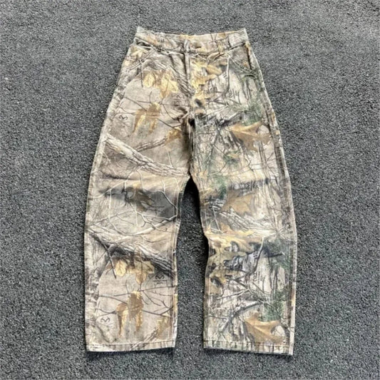 Men's Branch Camouflage Jeans American Style Old Washed Wide Leg Retro Loose Fashion Trend Street Straight Jeans Camo Pants Y2K