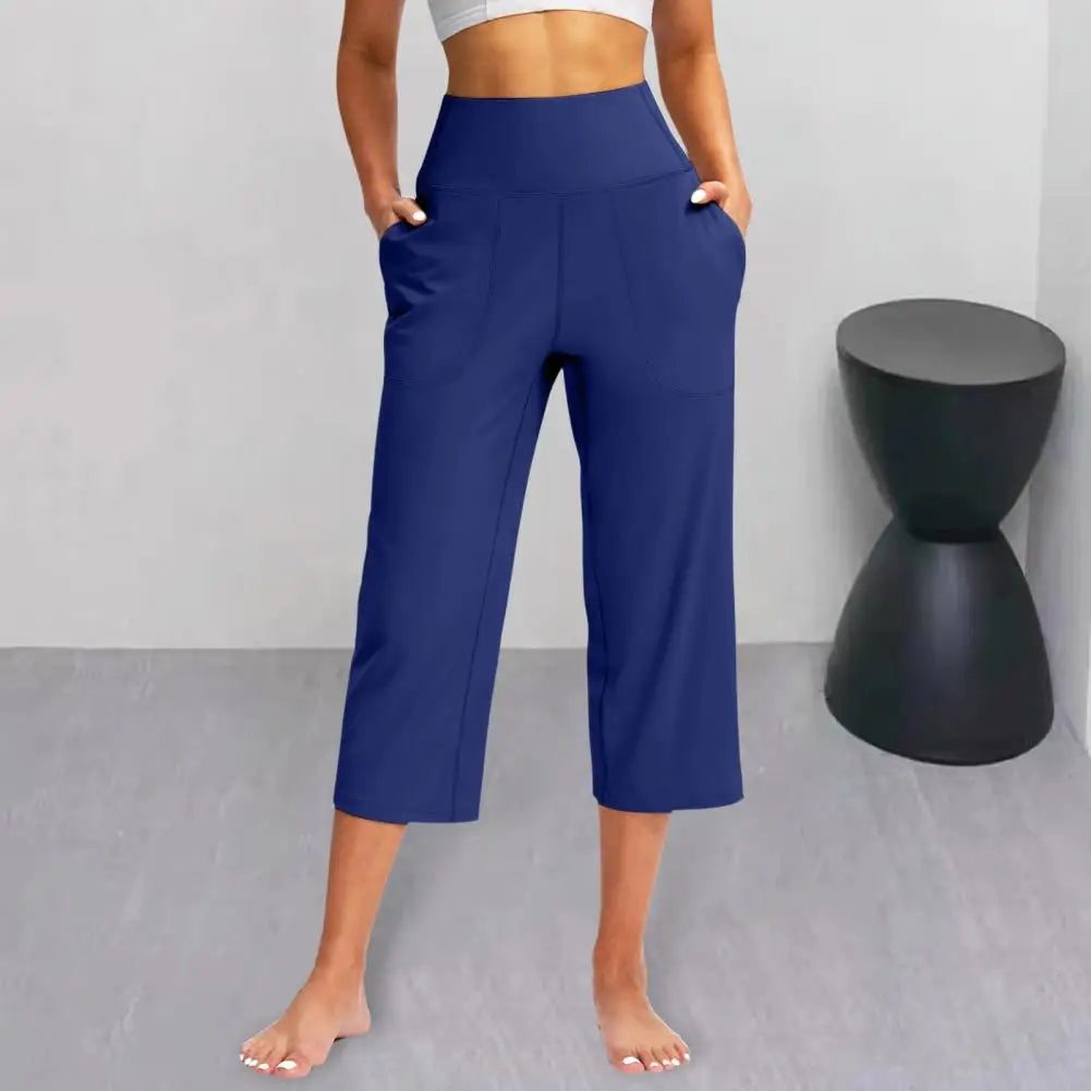 Women Elastic High Waist 3/4 Pant Casual Active Fit Wide Capris Leg Pants Trousers With Pockets Pants for Women Women’s Pants
