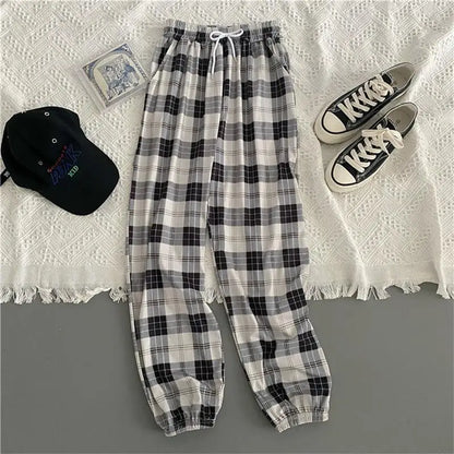 Korean Loose Black Plaid Harajuku Students Harem Long Pants Streetwear Trousers Chic