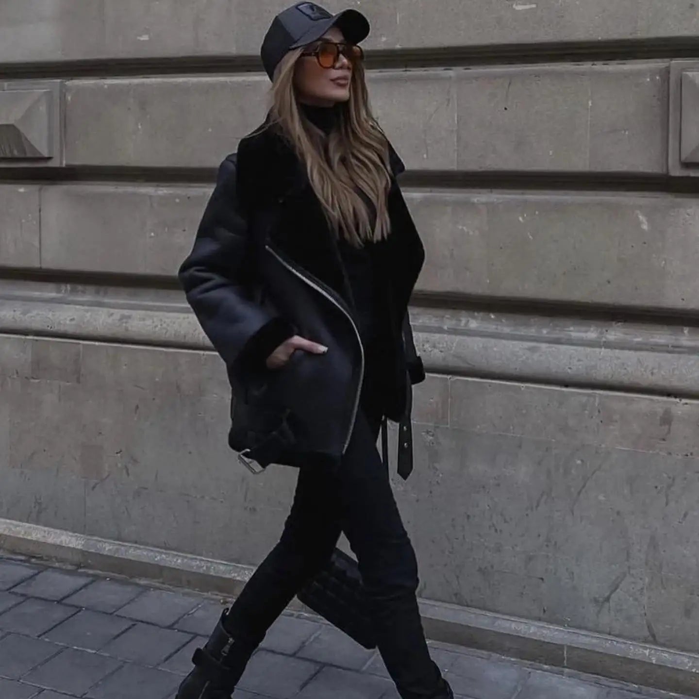 Faux Fur Jacket with Belt Streetwear Female Moto Biker Loose Thicken